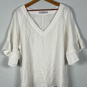 Haven Cream V-Neck Short Sleeve Linen Blouse, Size O/S